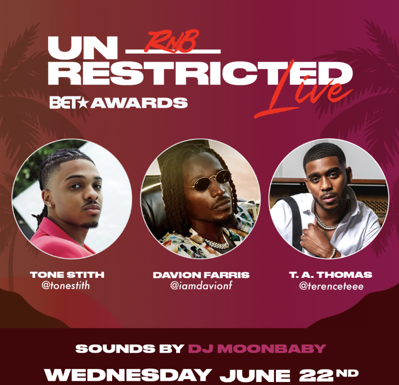 Pink Event Flyer: Unresticted Live RnB featuring Tone Stith, Davion Farris, T.A. Thomas, sounds by DJ MoonBaby, Wednesday June 22nd